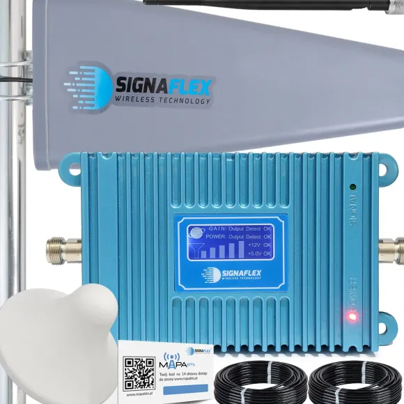 Zestaw Wzmacniacz Zasięgu Sygnału Telefonu Internetu Komórkowego GSM Blue LCD GSM980 + Antena T2 23dBi 10m + 1x Grzybek + Bat
